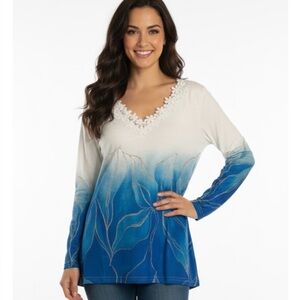 Marble Print Contrast Lace Top, Women’s M, Blue White